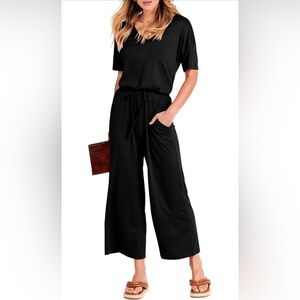 Short Sleeve VNeck Elastic Waist Wide Leg Cropped Pants Jumpsuits with Pockets